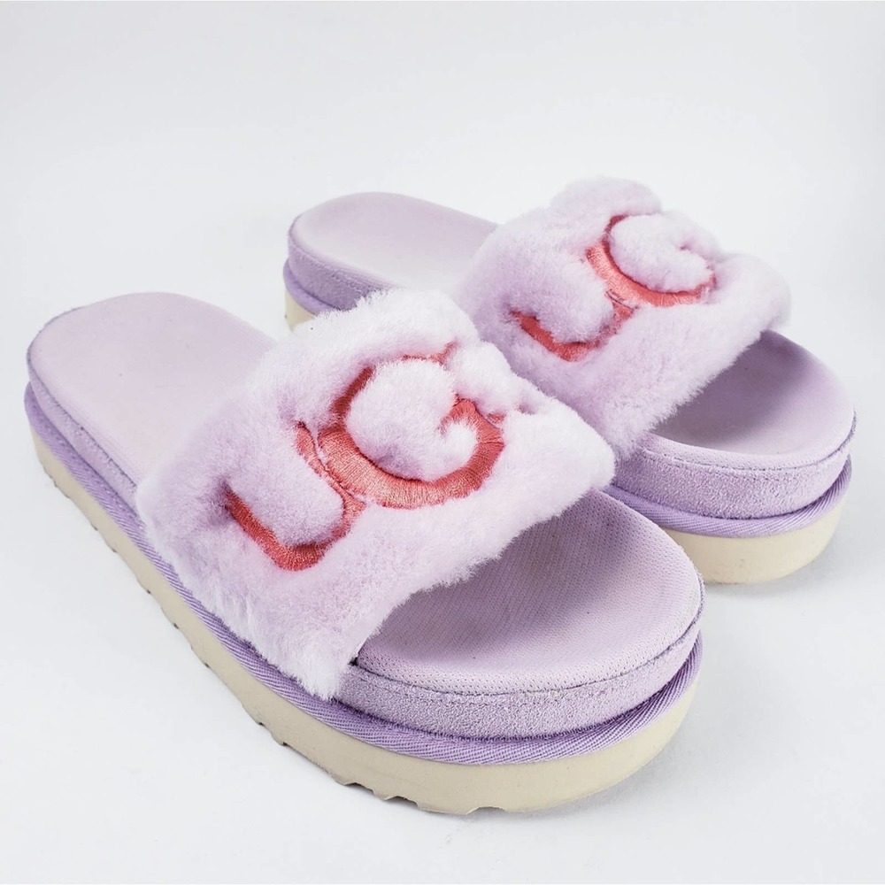 Ugg Laton Aster Leather & Fur Logo Slides sz 7